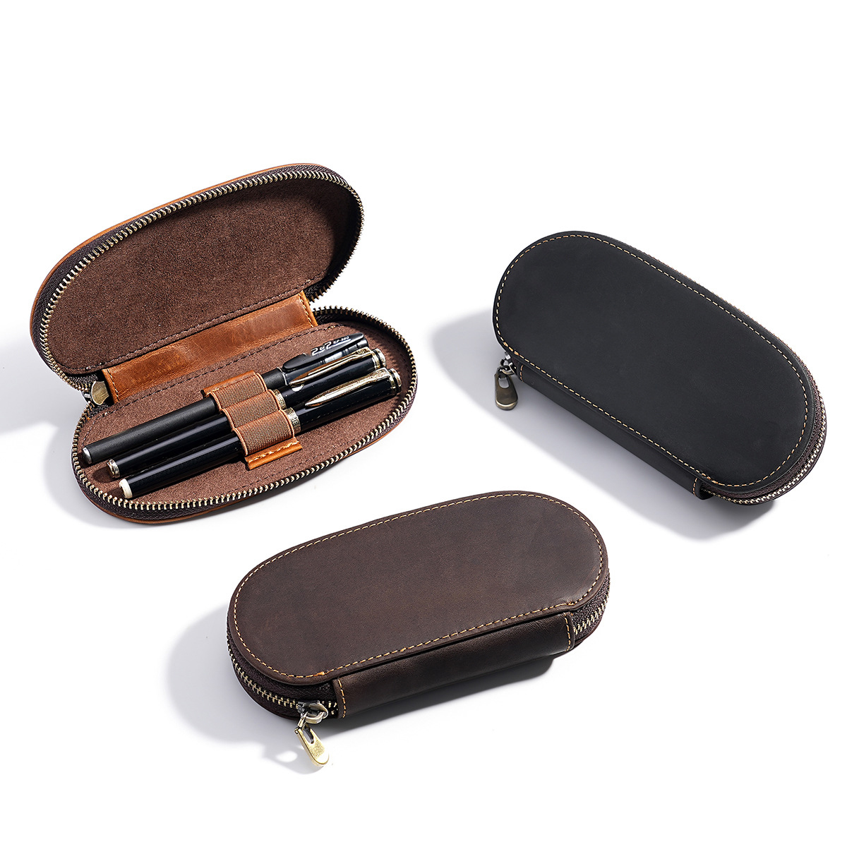 Leather Fountain Pen Case 3 Slots Pouch - Retro 3-Fach Füllfederhalter-Etui Handgefertigte Crazy-Horse-Leder Stiftbox