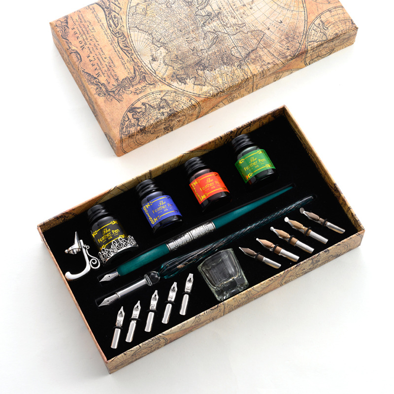 Glass Dip Pen Calligraphy Ink Set - Glas-Tauchstift-Sets Sternenklarer Himmel Kalligrafie-Schreibset Kristallstifte 4-Farben-Tintenfüllfederhalter