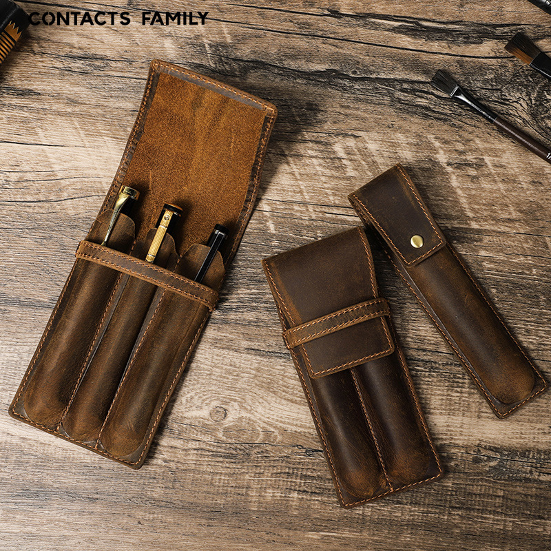 Leather Fountain Pen Case 3 Slots Pouch - Vintage Crazy Horse Leder-Stiftetui mit 1/2/3