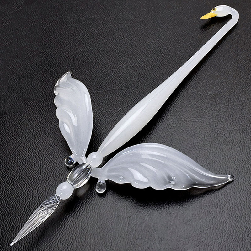 Glass Dip Pen Calligraphy Ink Set - Kreatives Schwanen-Handgefertigtes Glas-Dip-Pen-Set, Stifthalter mit Engelsflügeln,