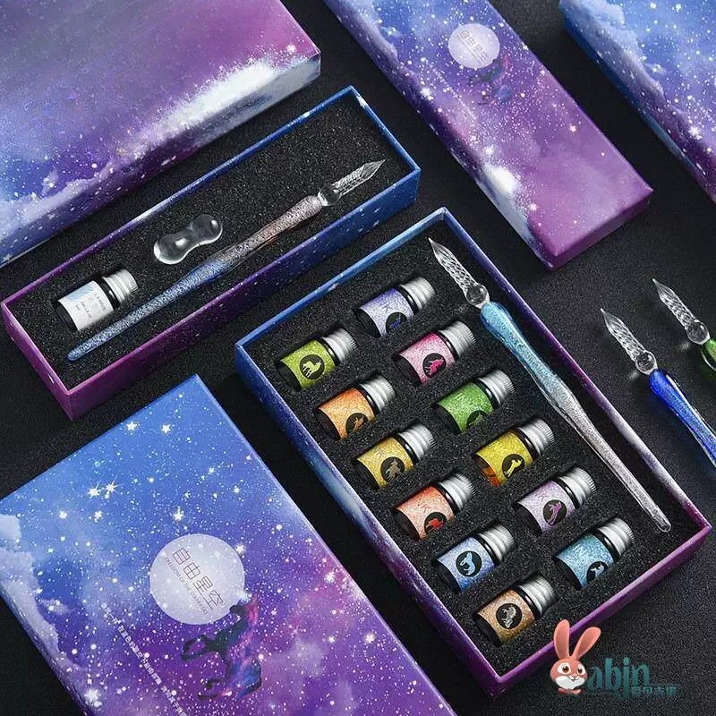 Glass Dip Pen Calligraphy Ink Set - Romantisches, traumhaftes Sternenhimmel-Füllfederhalter-Set, Kristallglasfaser-Farbverlaufstift, Kalligraphie-Schreibwerkzeug, Geschenk