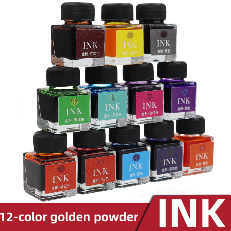 Glass Dip Pen Calligraphy Ink Set - 12-Farben Schimmerndes Goldpulver Glas-Dip-Pen-Tintenset Kohlenstofffreie Farbige